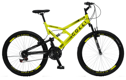 Bicicleta Juvenil Colli (GPS26) Aro 26, 21 Marchas, Quadro de Aço Carbono, Freios V-Brake, Dupla Suspensão, Preto Fosco/Amarelo Neon