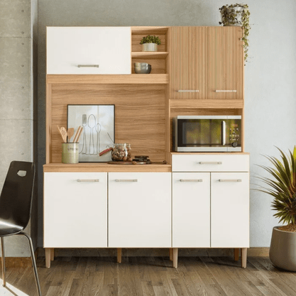 Cozinha Yara 160 Nicioli 7 Potas 1 Gaveta Cor 321 Freijó/Off White Cristal/Ripado Freijó